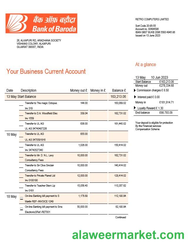 Bank of Baroda company checking account statement Word and PDF template